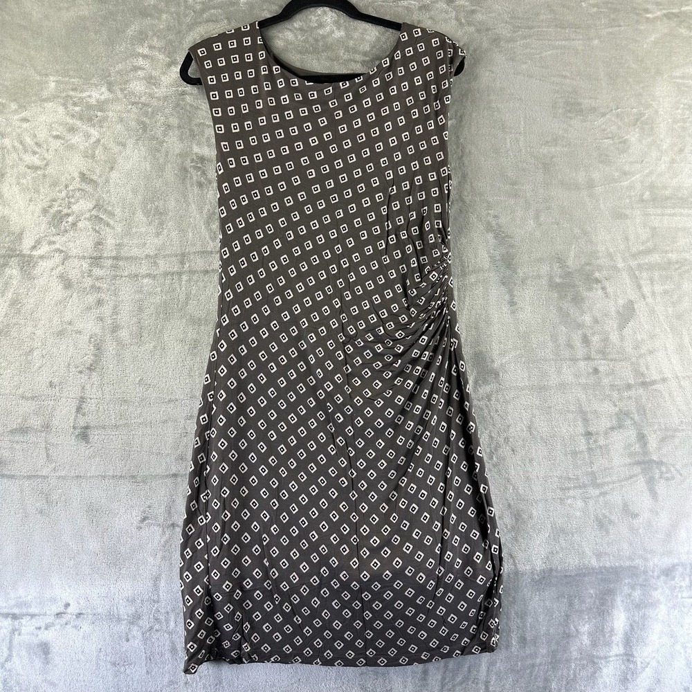 Loft Dress Women's M Gray White Black Geometric Print Ruched Waist.